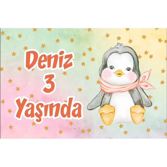 Sevimli Penguen Temalı Doğum Günü Afişi 100X150 cm