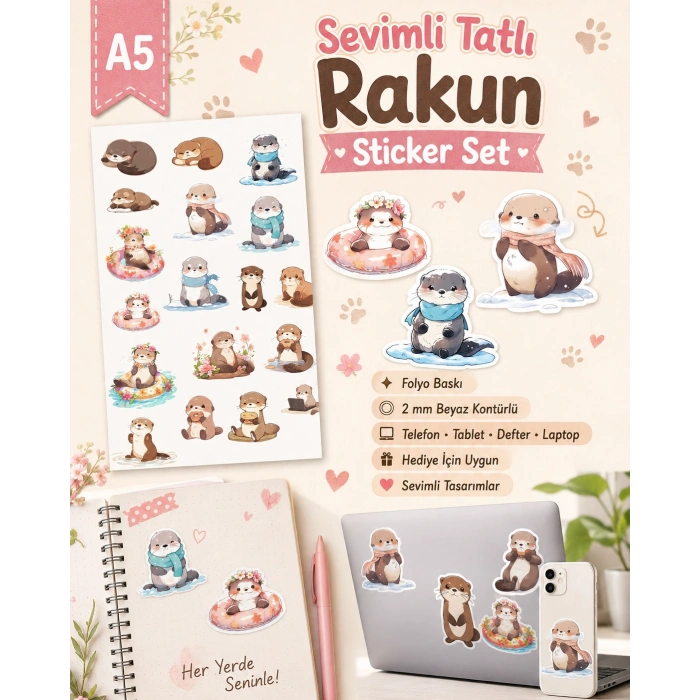 Sevimli Tatlı Rakun Sticker Set