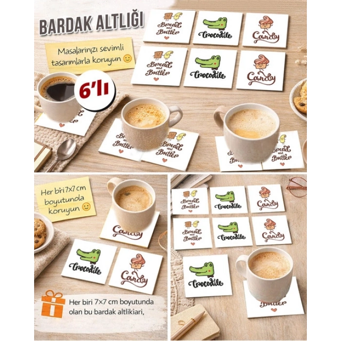 Sevimli Timsah 7x7 – 6’lı Set Dekoratif Kare Tasarım