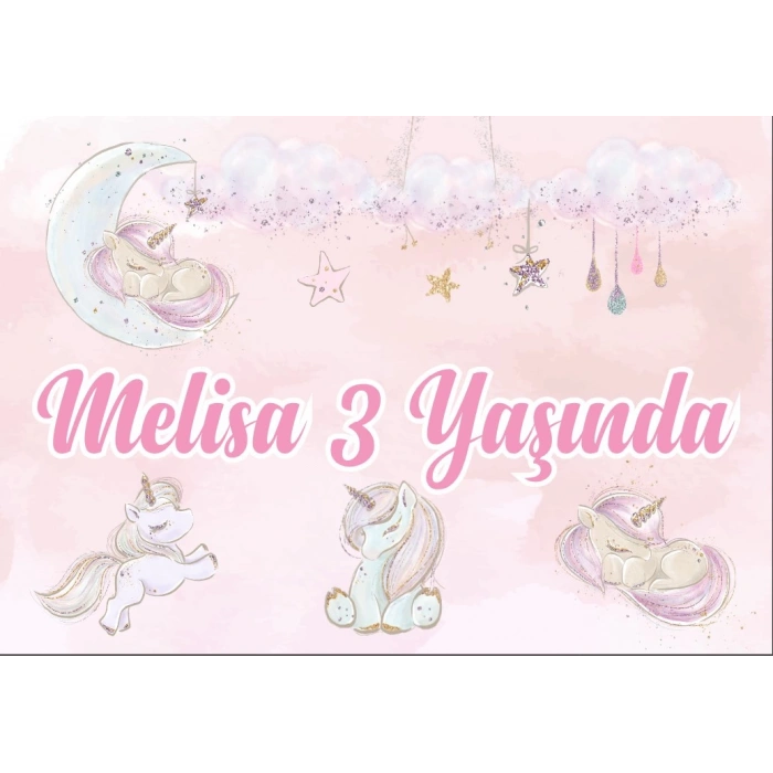Unicornlar ve Yıldızlar Temalı Doğum Günü Afişi 35X50 cm