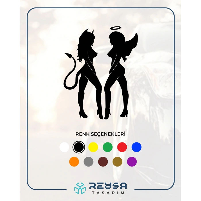 Şeytan ve Melek Kadın Araba Stickeri 17x17 Cm Siyah