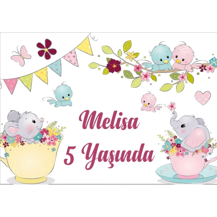 Fil ve Kedi Temalı Doğum Günü Afişi 100X150 cm