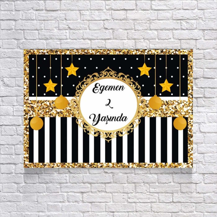 Siyah Beyaz Çizgili Gold Çerçeveli Doğum Günü Afişi 50X70 cm