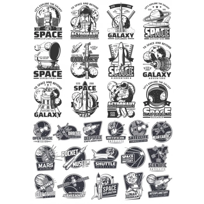 Siyah Beyaz Retro Uzay Sticker Set 28 Parça Telefon, Tablet, Defter, Laptop Sticker