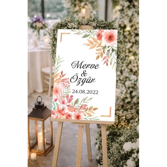 Beyaz Çiçekli Çerçeveli Düğün, Nişan ve Söz Karşılama Panosu – 50x70 cm