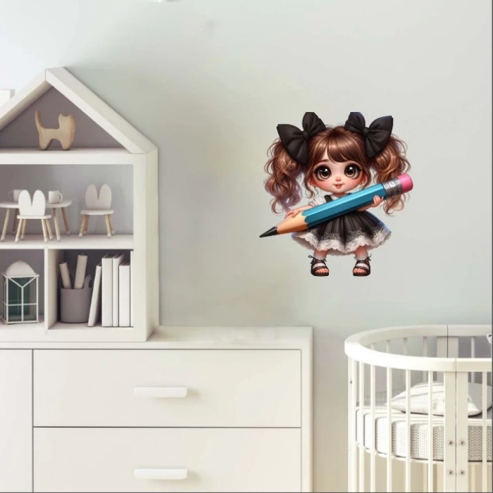 Siyah Kurdeleli Kız ve Mavi Kalem Duvar Stickerı