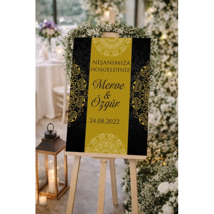 Siyah ve Desenli Düğün, Nişan ve Söz Karşılama Panosu – 50x70 cm