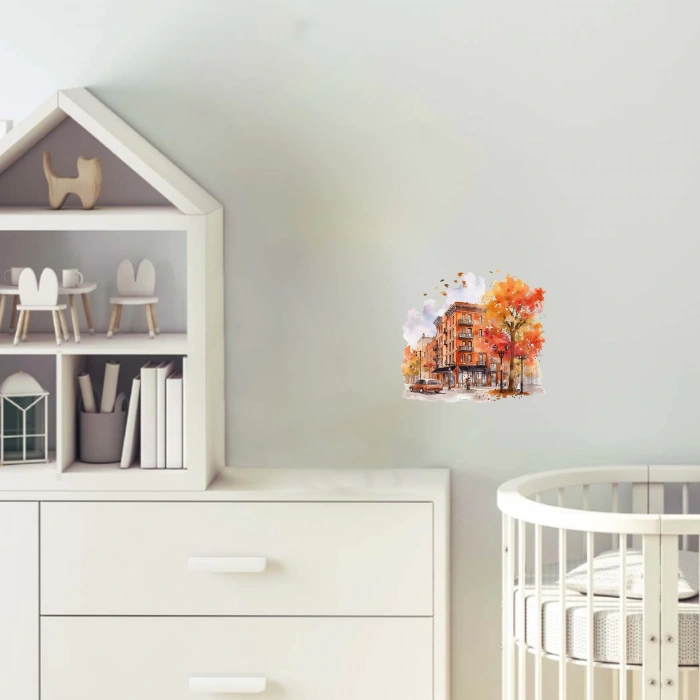 Sonbahar Renklerinde Şehir Binaları ve Ağaçlar Duvar Stickerı