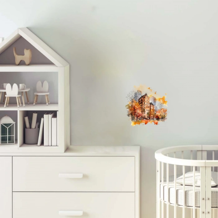 Sonbahar Yapraklarıyla Binalar Duvar Stickerı