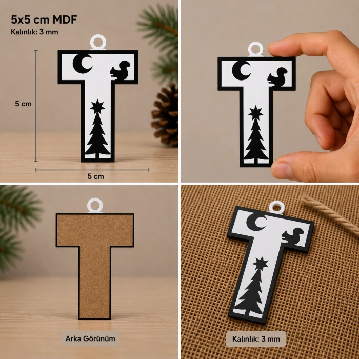 T Harf Yılbaşı Süsü – MDF Çam Ağacı Desenli Asılabilir Dekor (5x5 cm)