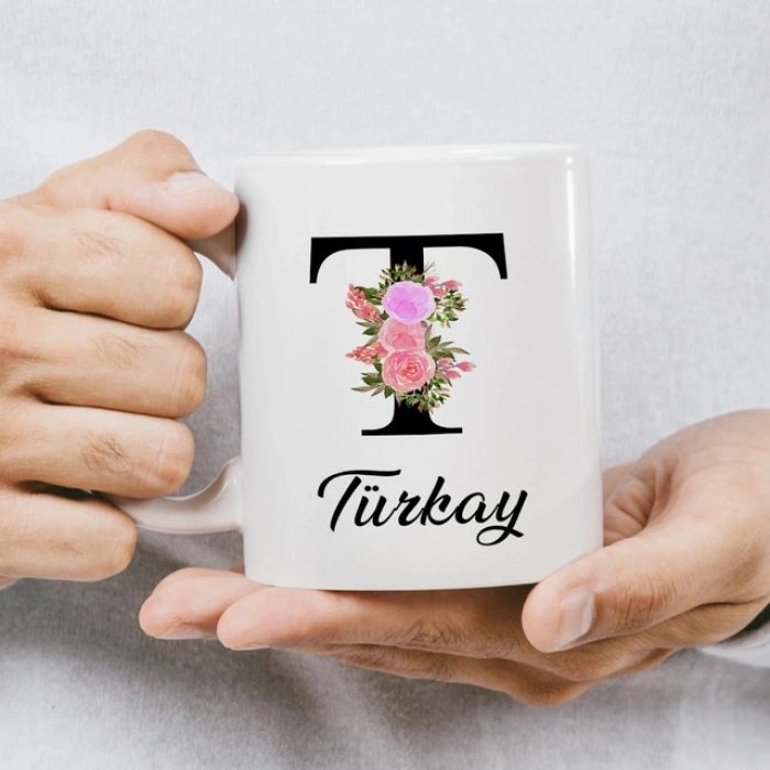 T Harfi Çiçekli İsme Özel Kupa