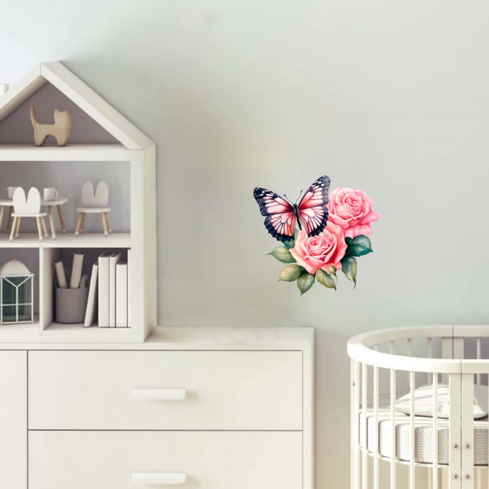 Tek Kanatlı Kelebek ve Çiçekler Duvar Stickerı