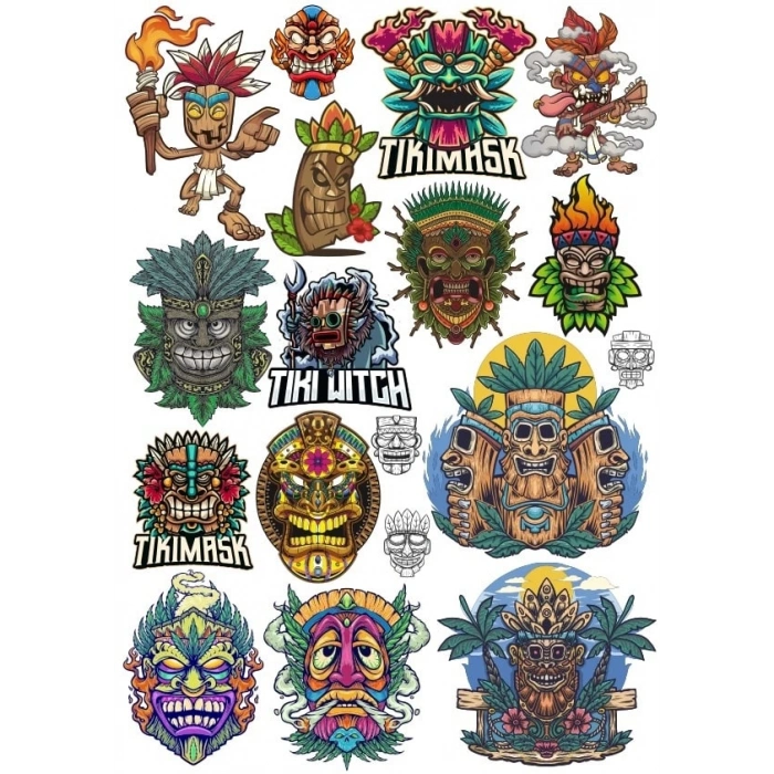Tiki Mask Sticker Set 1 16 Parça Telefon, Tablet, Defter, Laptop Sticker