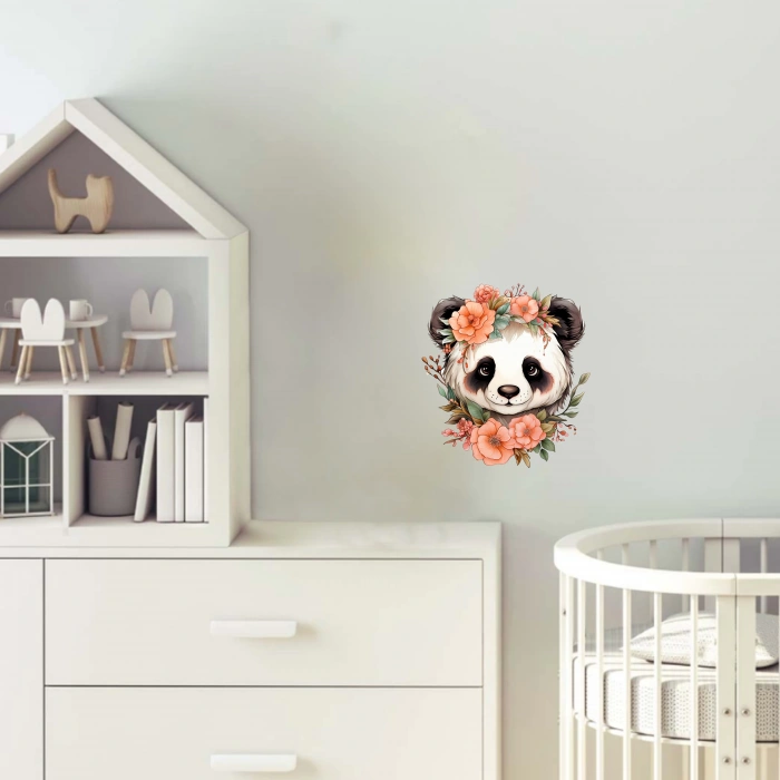 Turuncu Çiçek Taçlı Panda Duvar Stickerı