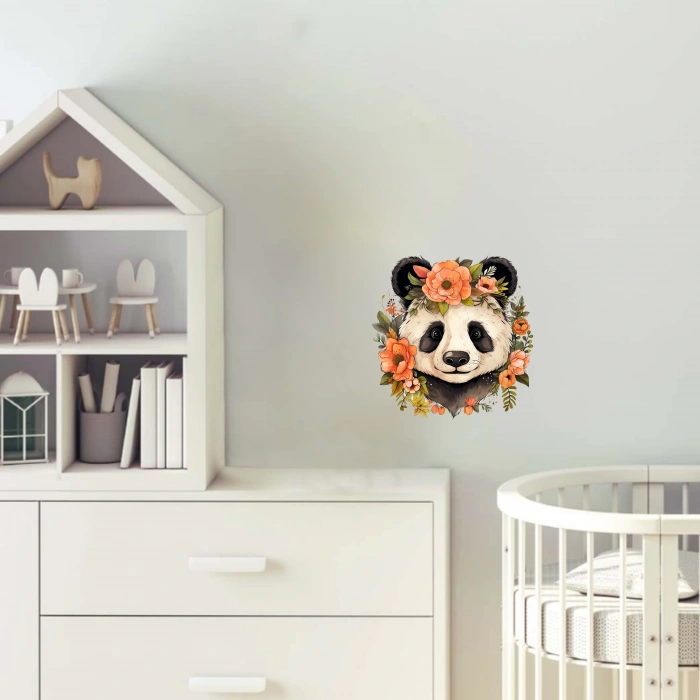 Turuncu Çiçek Taçlı Panda Duvar Stickerı