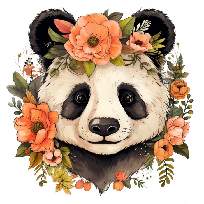 Turuncu Çiçek Taçlı Panda Duvar Stickerı