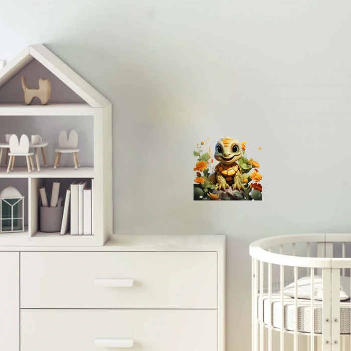 Turuncu Çiçekler Arasında Kaplumbağa Duvar Stickerı