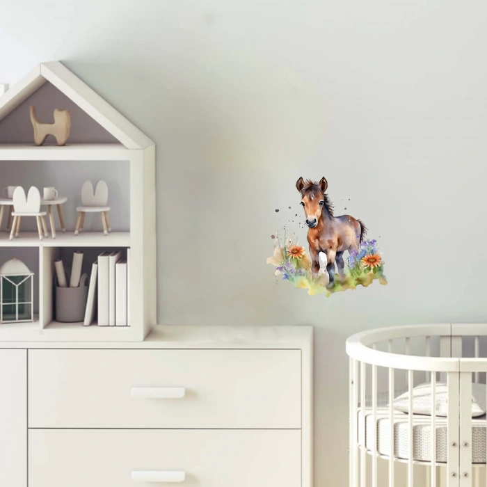 Turuncu Çiçekli At Yavrusu Duvar Stickerı