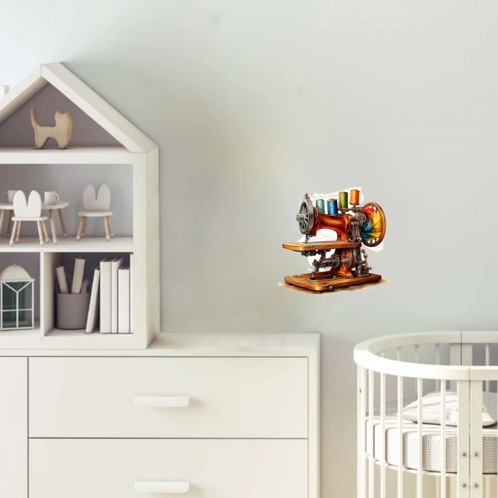 Turuncu Çiçekli Mavi Dikiş Makinesi Duvar Stickerı