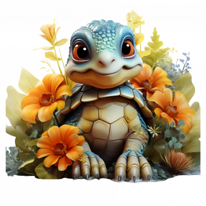 Turuncu Çiçekli Mavi Kaplumbağa Duvar Stickerı