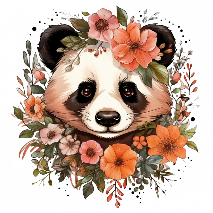 Turuncu Çiçekli Panda Kafası Duvar Stickerı