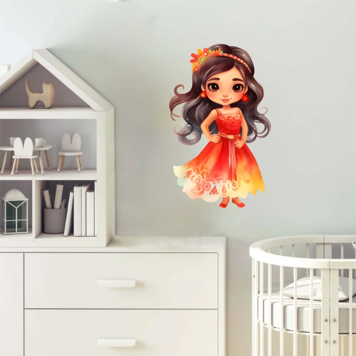 Turuncu Elbiseli Çiçek Prenses Duvar Stickerı