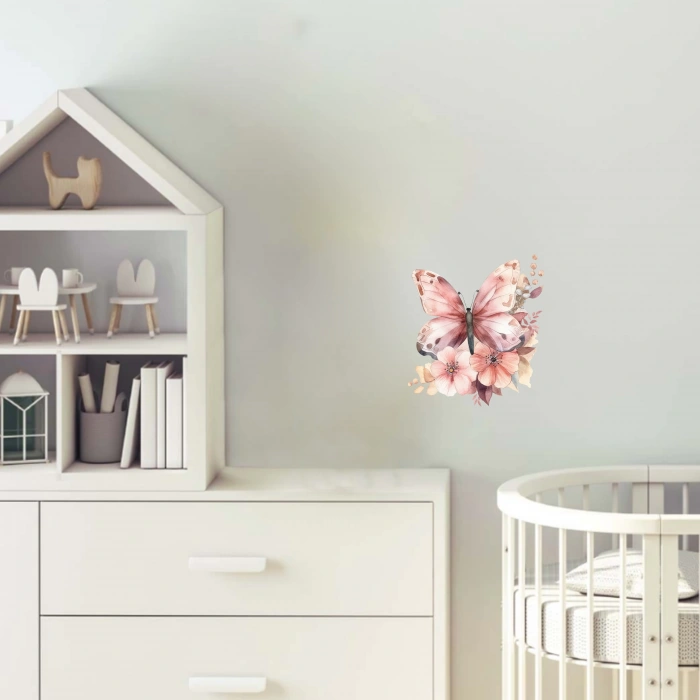 Turuncu-Pembe Kelebek ve Çiçekler Duvar Stickerı