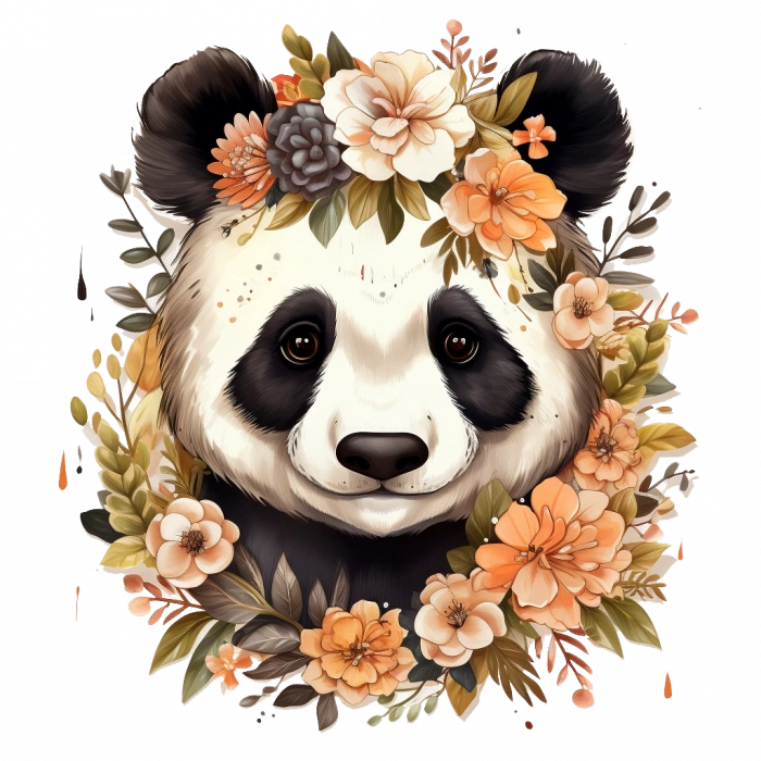 Turuncu Tonlarında Çiçek Taçlı Panda Duvar Stickerı