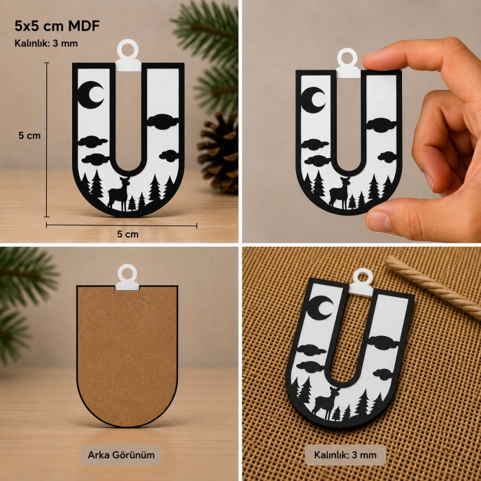 U Harf Yılbaşı Süsü – MDF Çam Ağacı Desenli Asılabilir Dekor (5x5 cm)