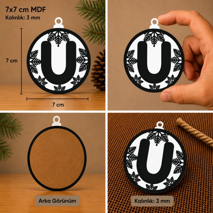 U Harf Yılbaşı Süsü – MDF Çam Ağacı Desenli Asılabilir Dekor (7x7 cm)