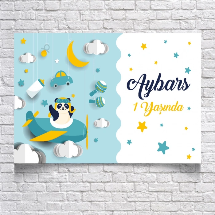 Uçakta Uçan Panda Temalı Doğum Günü Afişi 50X70 cm