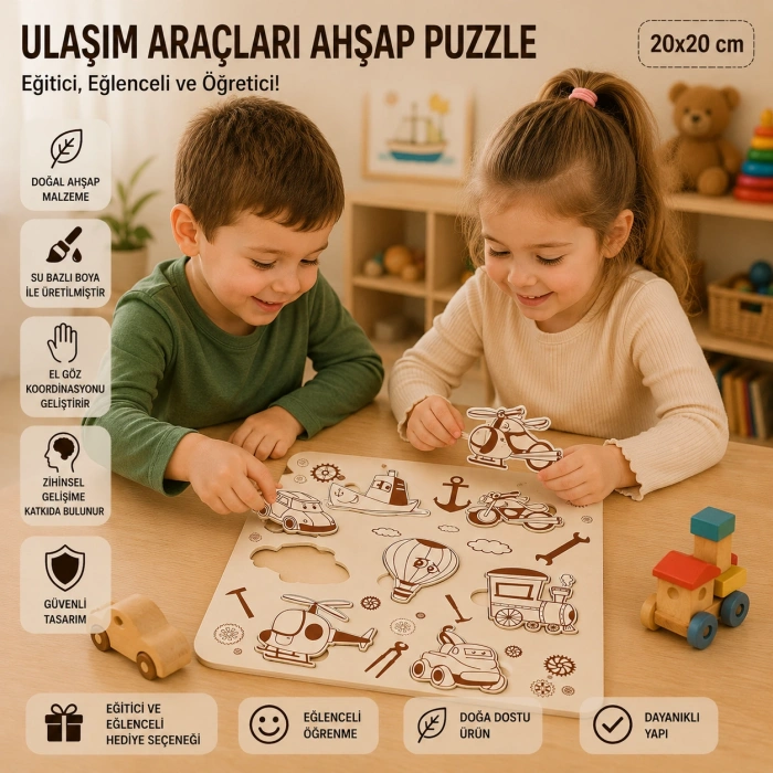 Ulaşım Araçları Eğitici Ahşap Puzzle – 20x20 cm Okul Öncesi Zeka Geliştirici Oyuncak