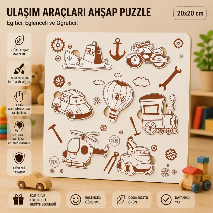Ulaşım Araçları Eğitici Ahşap Puzzle – 20x20 cm Okul Öncesi Zeka Geliştirici Oyuncak