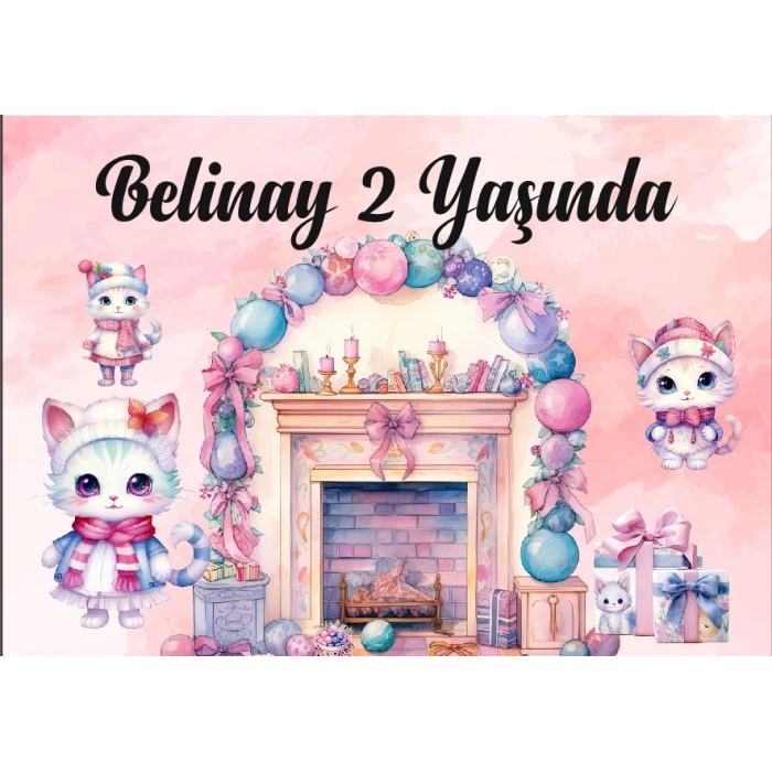 Sevimli Kedi Temalı Doğum Günü Afişi 70X100 cm