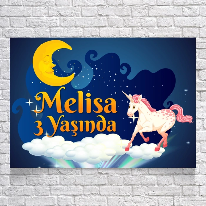 Unicorn ve Ay Temalı Doğum Günü Afişi 50X70 cm