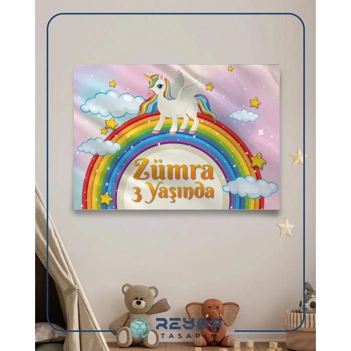 Unicorn ve Gökkuşağı Temalı Doğum Günü Afişi 100X150 cm