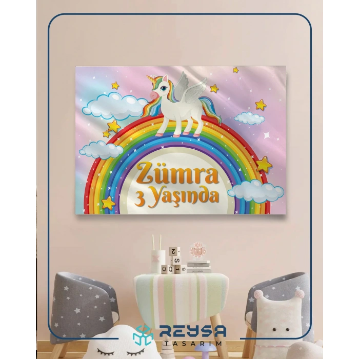 Unicorn ve Gökkuşağı Temalı Doğum Günü Afişi 35X50 cm