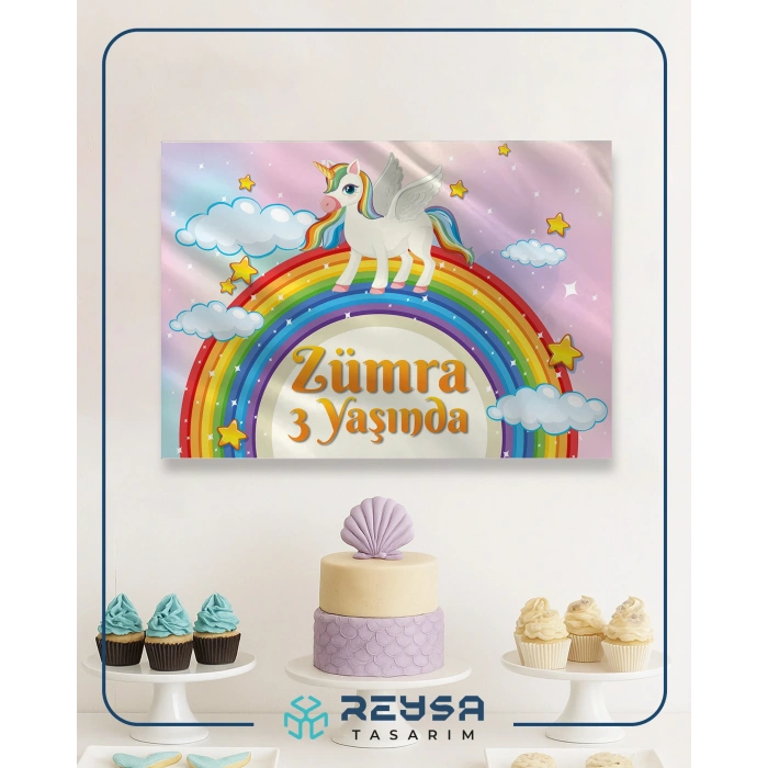 Unicorn ve Gökkuşağı Temalı Doğum Günü Afişi 50X70 cm