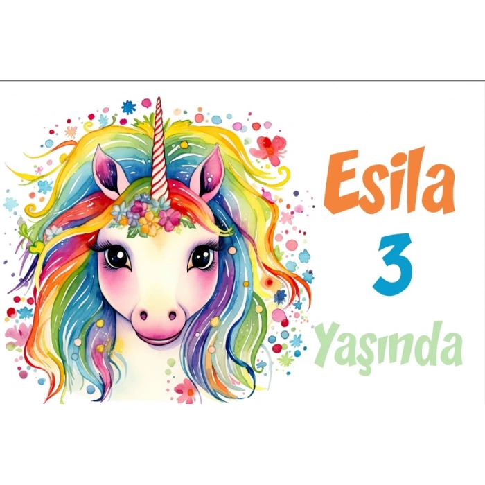 Gökkuşağı Saçlı Unicorn Temalı Doğum Günü Afişi -1 100X150 cm