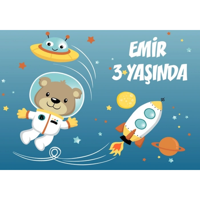 Uzay ve Sevimli Hayvanlar Temalı Doğum Günü Afişi - 70x100 Cm