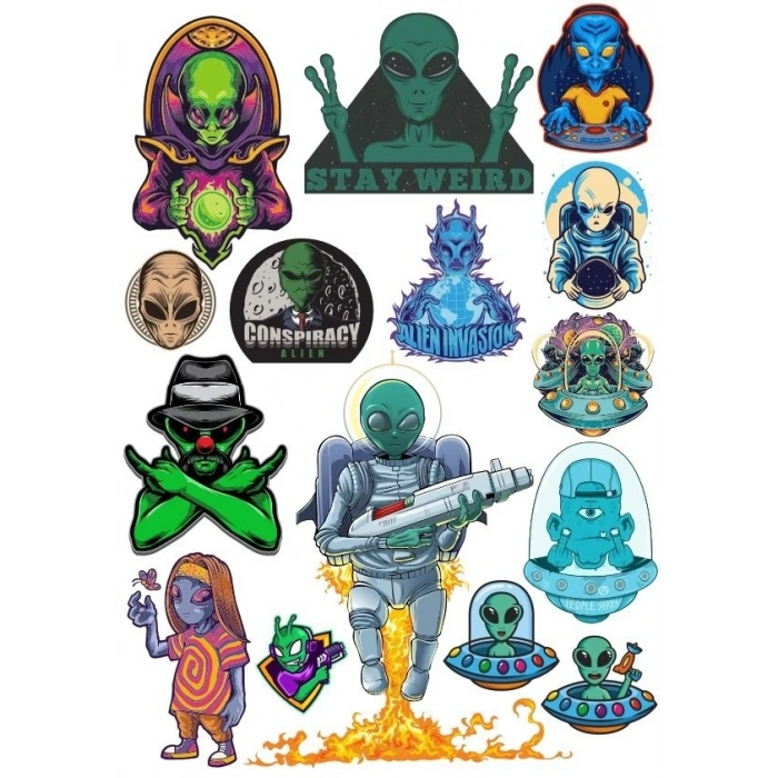 Uzaylı Alien Sticker Set-1 17 Parça Telefon, Tablet, Defter, Laptop Sticker