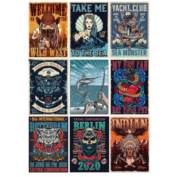 Vintage Kovboy Poster Sticker 9 Parça Telefon, Tablet, Defter, Laptop Sticker