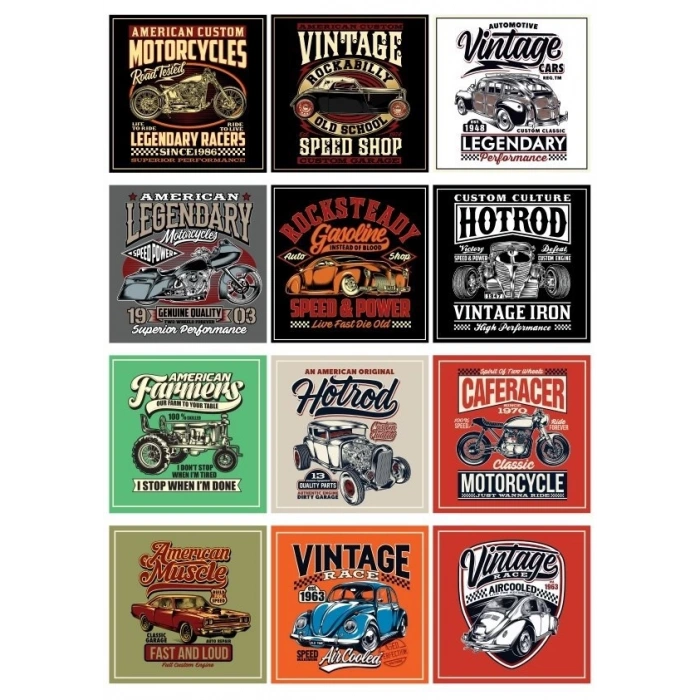 Vintage Moto Poster Sticker 12 Parça Telefon, Tablet, Defter, Laptop Sticker