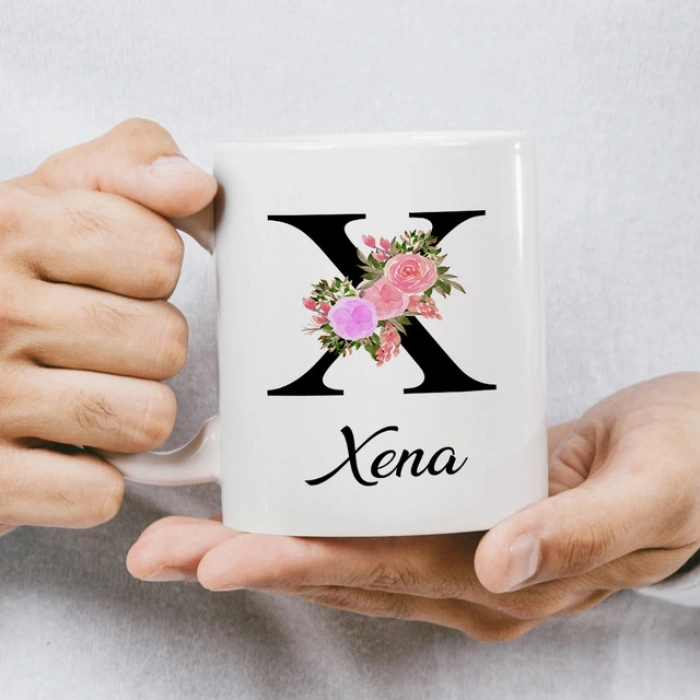 X Harfi Çiçekli İsme Özel Kupa