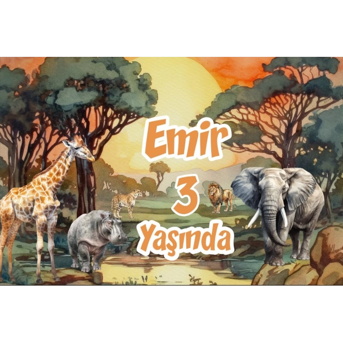 Safari Gün Batımı ve Hayvanlar Temalı Doğum Günü Afişi -1 35X50 cm