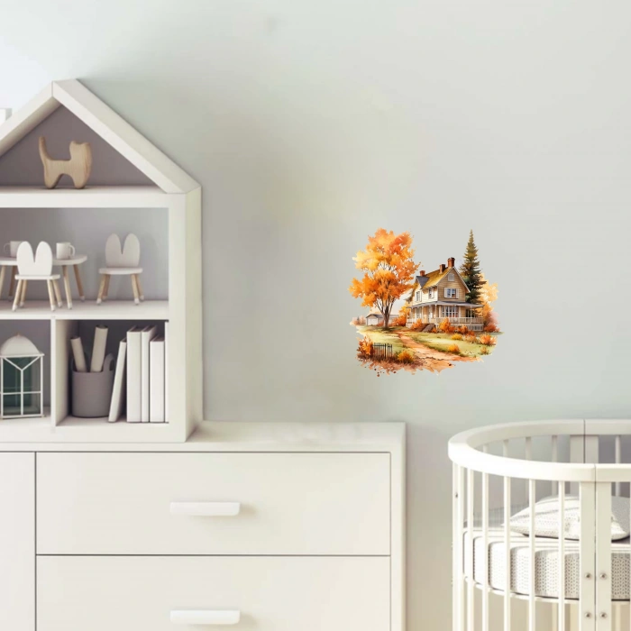 Yemyeşil ve Turuncu Ağaçlı Sonbahar Evi Duvar Stickerı