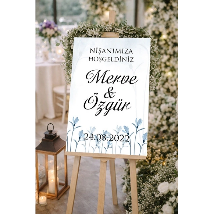 Sade Mavi Çiçekli Düğün, Nişan ve Söz Karşılama Panosu – 50x70 cm