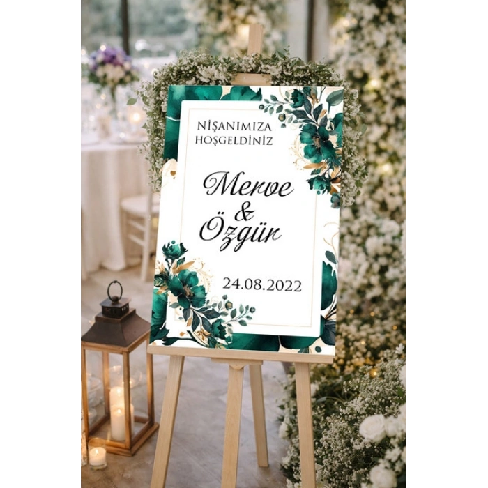 Yeşil Çiçekli Düğün, Nişan ve Söz Karşılama Panosu – 50x70 cm