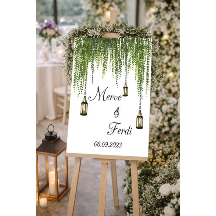 Yeşil Dallı ve Fenerli Düğün, Nişan ve Söz Karşılama Panosu – 50x70 cm