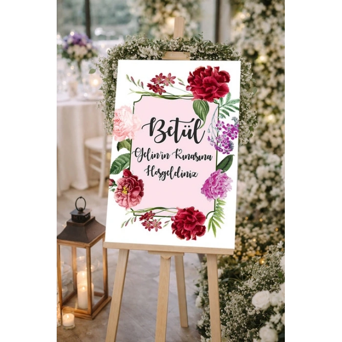 Kırmızı çiçekli  Düğün, Nişan ve Söz Karşılama Panosu – 50x70 cm